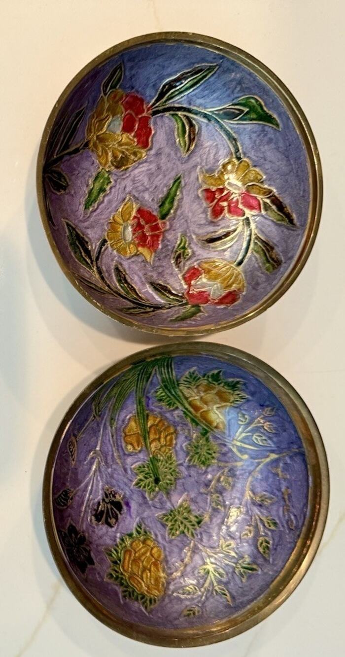 Penco Industries India Enameled Brass Pedestal Bowl Floral 4 Inch Patina